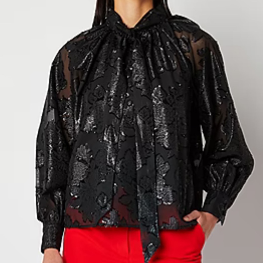 Worthington Woman’s sheer Mock tie Neck Long Sleeve Blouse-black-PLarge